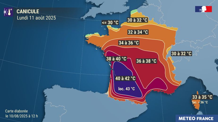 DIRECT. Canicule : Météo France prolonge l'alerte rouge dans 12 départements du Sud-Ouest jusqu'à mardi, avec des températures atteignant 42°C.