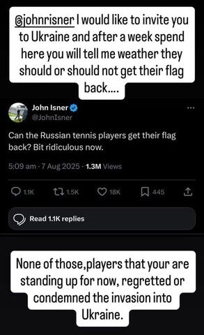 Tennis : Un ancien joueur ukrainien réagit à John Isner sur la restitution du drapeau aux athlètes russes après une semaine d'échanges.