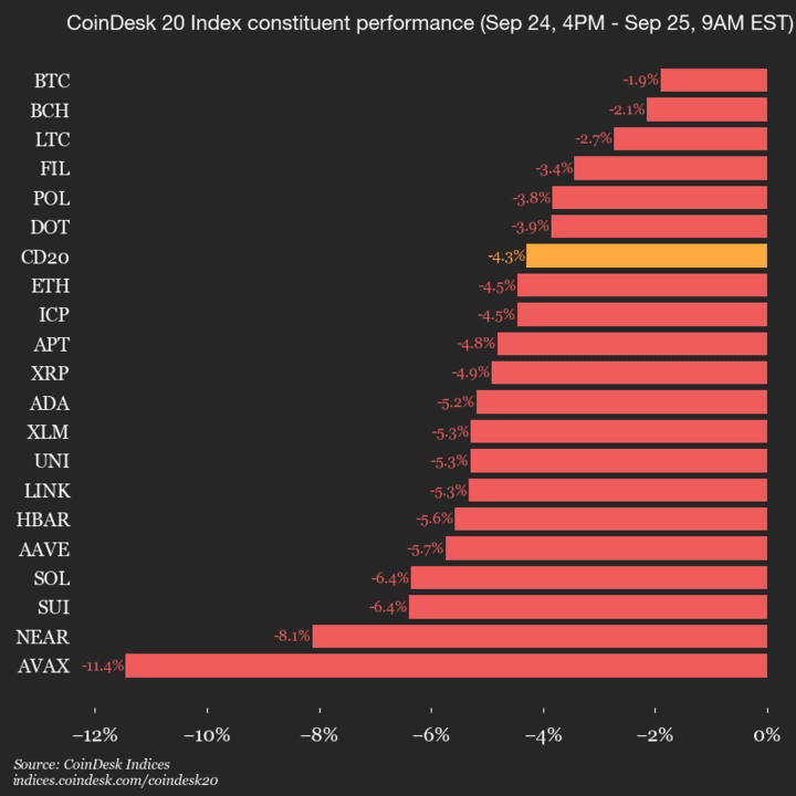 Mise à jour des performances du CoinDesk 20 : l'indice baisse de 4,3 % alors que tous les actifs enregistrent des pertes
