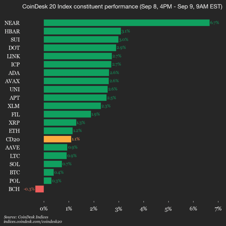 Mise à jour des performances du CoinDesk 20 : NEAR Protocol en hausse de 6,7 %