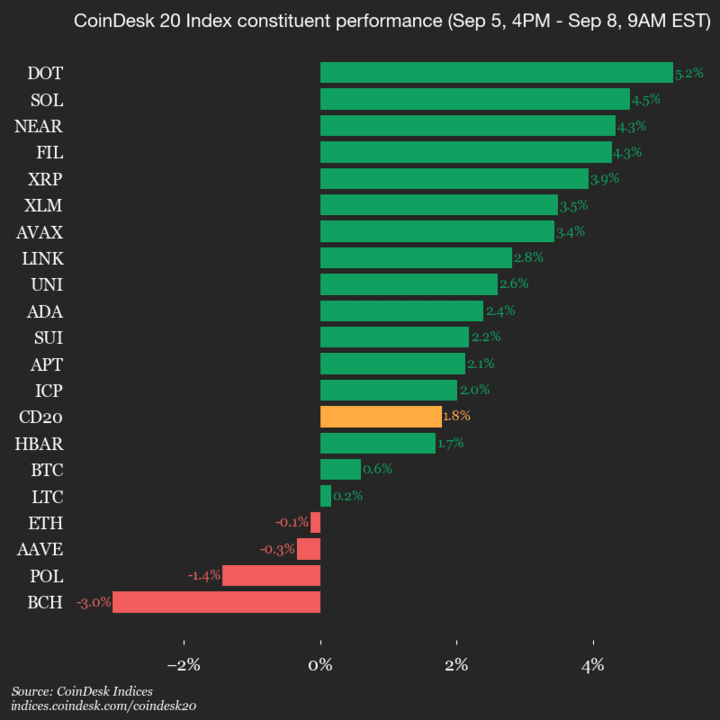 Mise à jour des performances du CoinDesk 20 : Polkadot (DOT) augmente de 5,2%