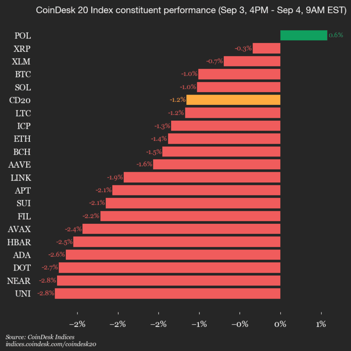 Mise à jour des performances du CoinDesk 20 : Polygon (POL) progresse de 0,6 % alors que la plupart des actifs sont en baisse