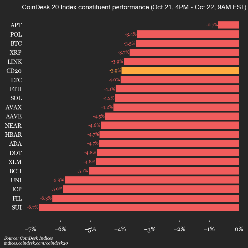 Mise à jour des performances du CoinDesk 20 : l'indice chute de 3,9 % avec tous les actifs en baisse