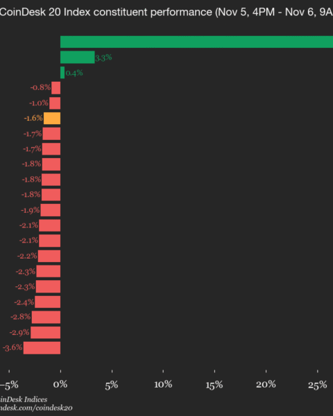 Mise à jour de la performance du CoinDesk 20 : Internet Computer (ICP) bondit de 27,5% alors que l'indice recule