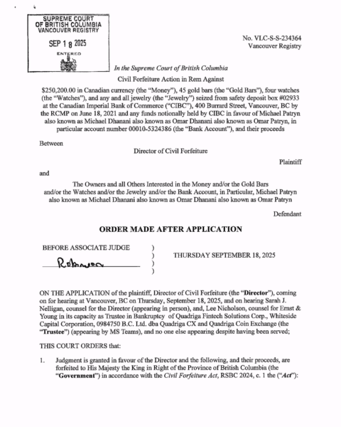 La province canadienne de la Colombie-Britannique obtient la confiscation d'un million de dollars liés à un cofondateur de QuadrigaCX