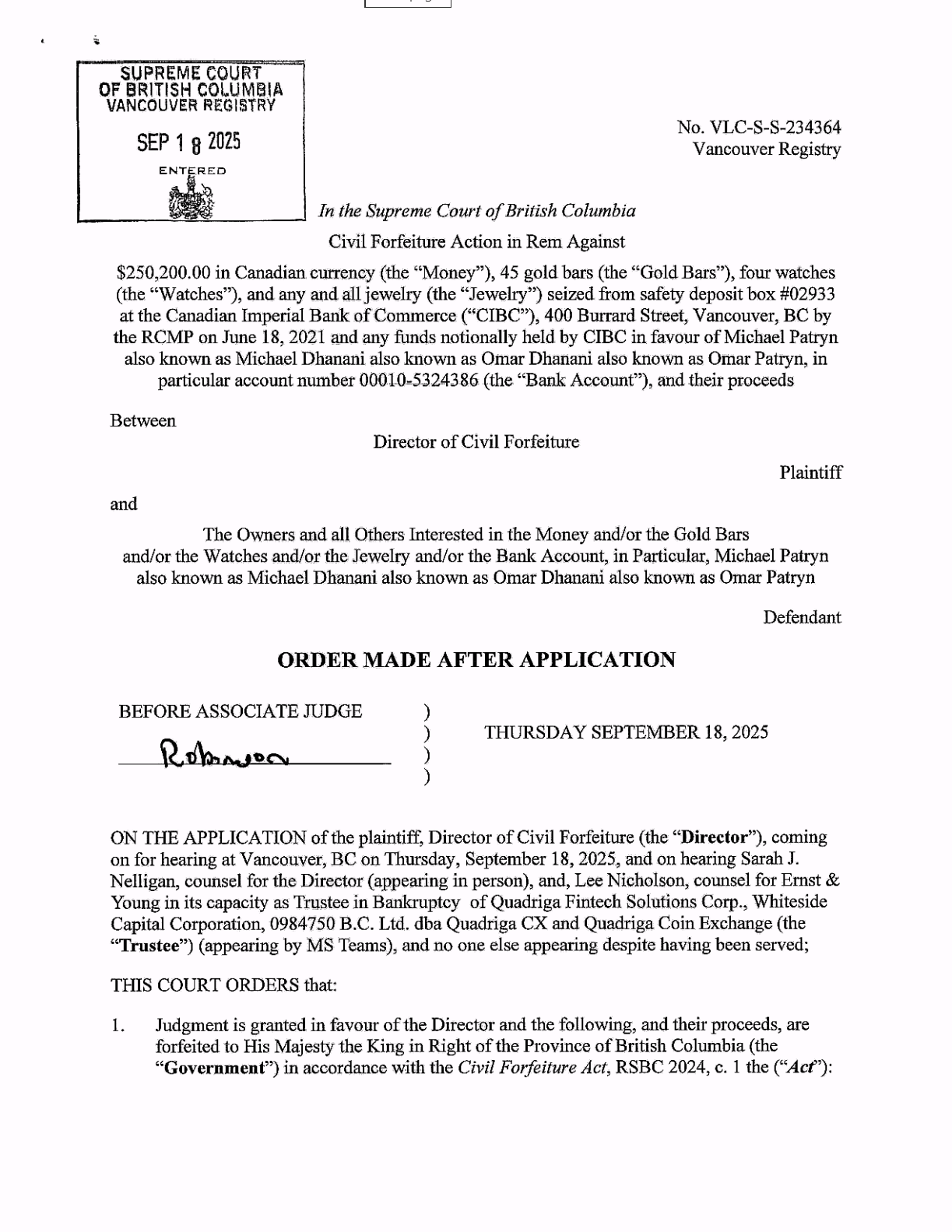 La province canadienne de la Colombie-Britannique obtient la confiscation d'un million de dollars liés à un cofondateur de QuadrigaCX