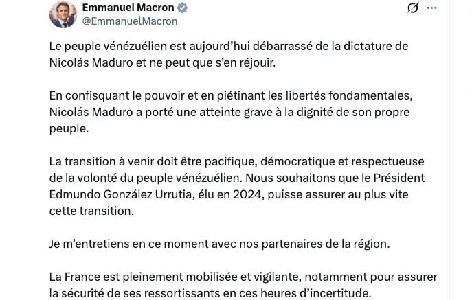 Emmanuel Macron acte la fin de la « dictature Maduro » amid mixed reactions en France