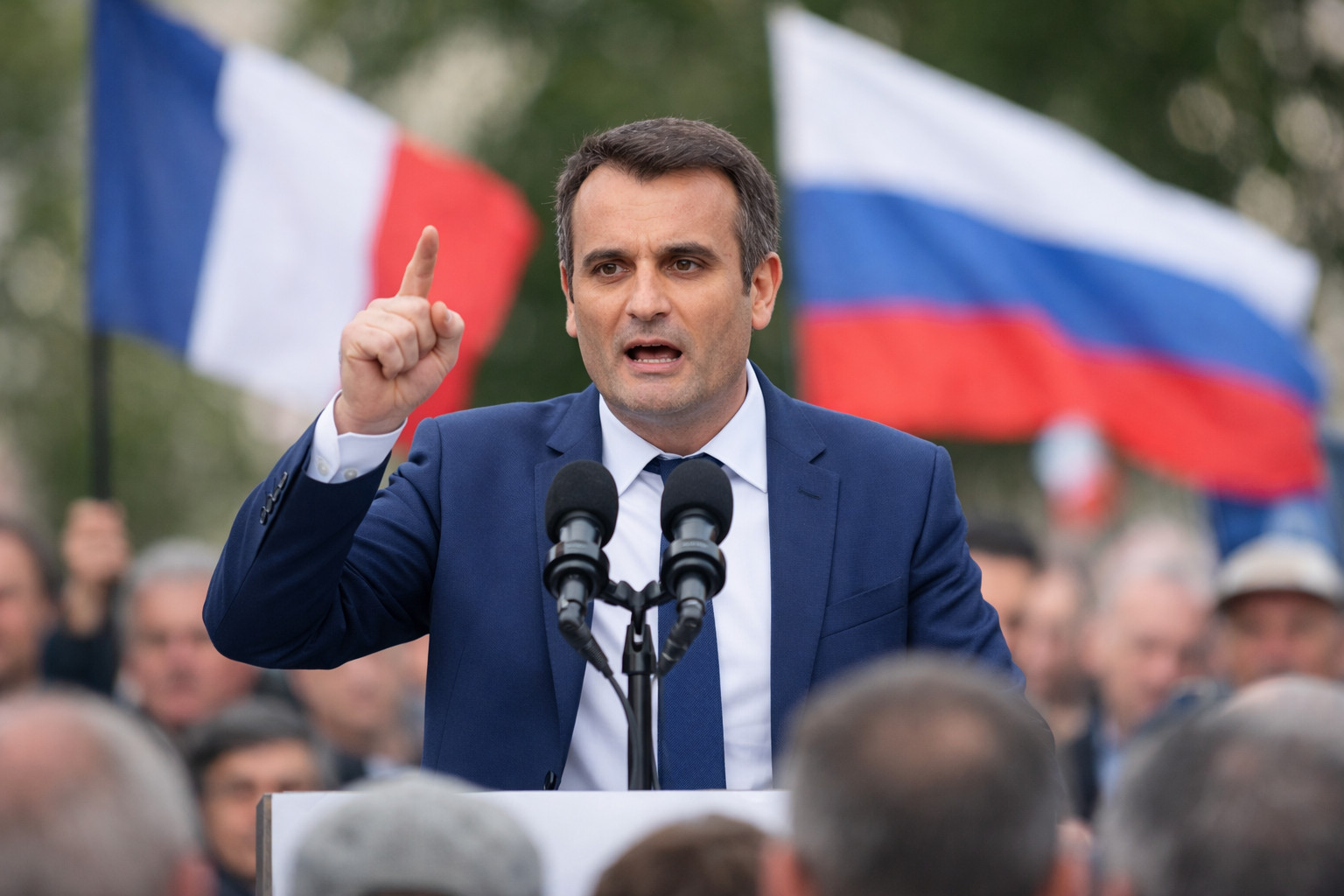 Florian Philippot réclame la levée des sanctions contre la Russie et un 'Frexit' lors d'un rassemblement politique
