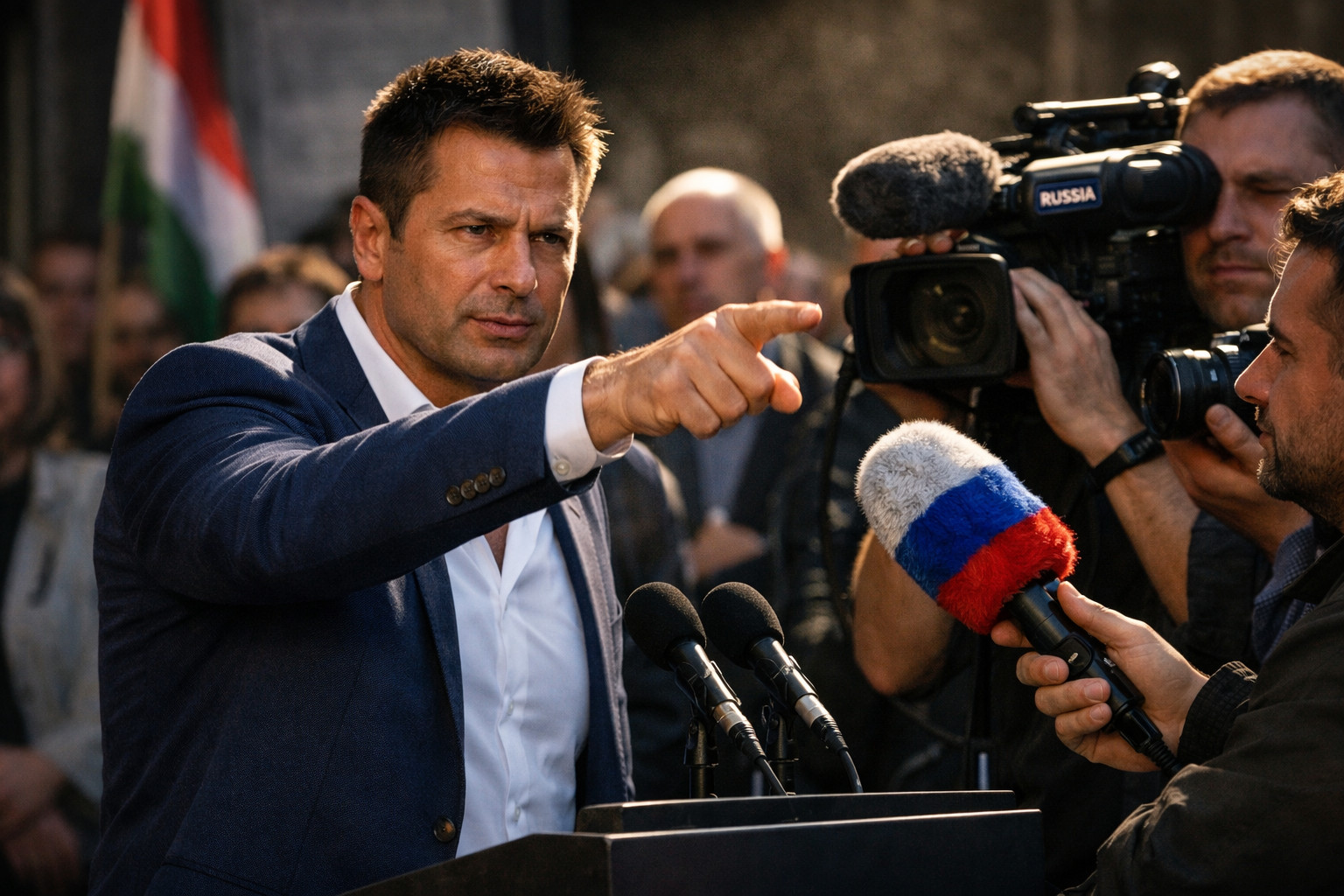 Peter Magyar, figure montante de l'opposition hongroise, défie les médias propagandistes russes lors d'un meeting