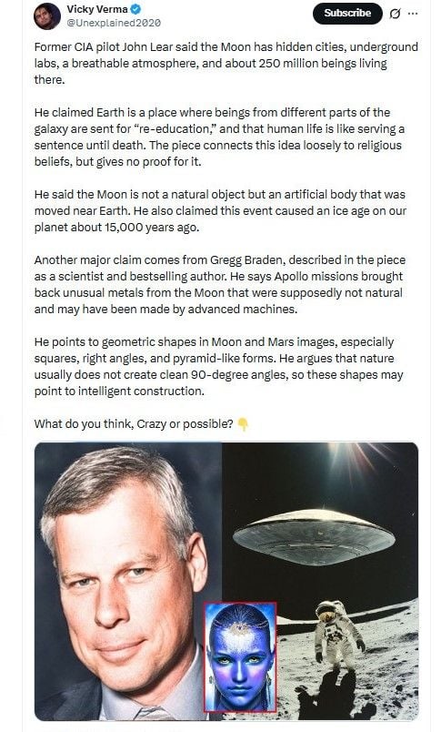 Un ancien pilote de la CIA et un auteur évoquent des théories sur la Lune sans preuves
