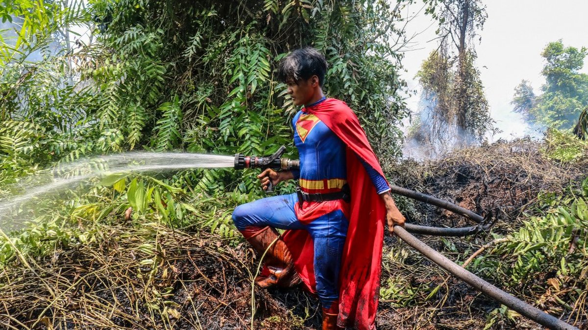 Un adolescent en Superman combat les incendies à Bornéo, mettant en lumière la crise écologique en Indonésie