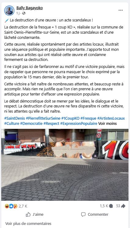 Vandalisme de la fresque célébrant la victoire de Bally Bagayoko à Saint-Denis